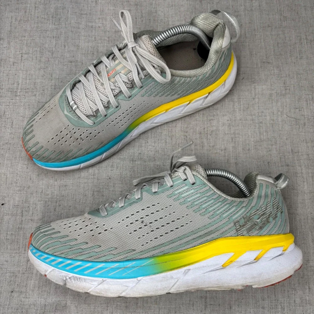 Hoka One One Clifton 5 Gray Yellow Blue Running Shoes Sneakers Women's Size 10.5